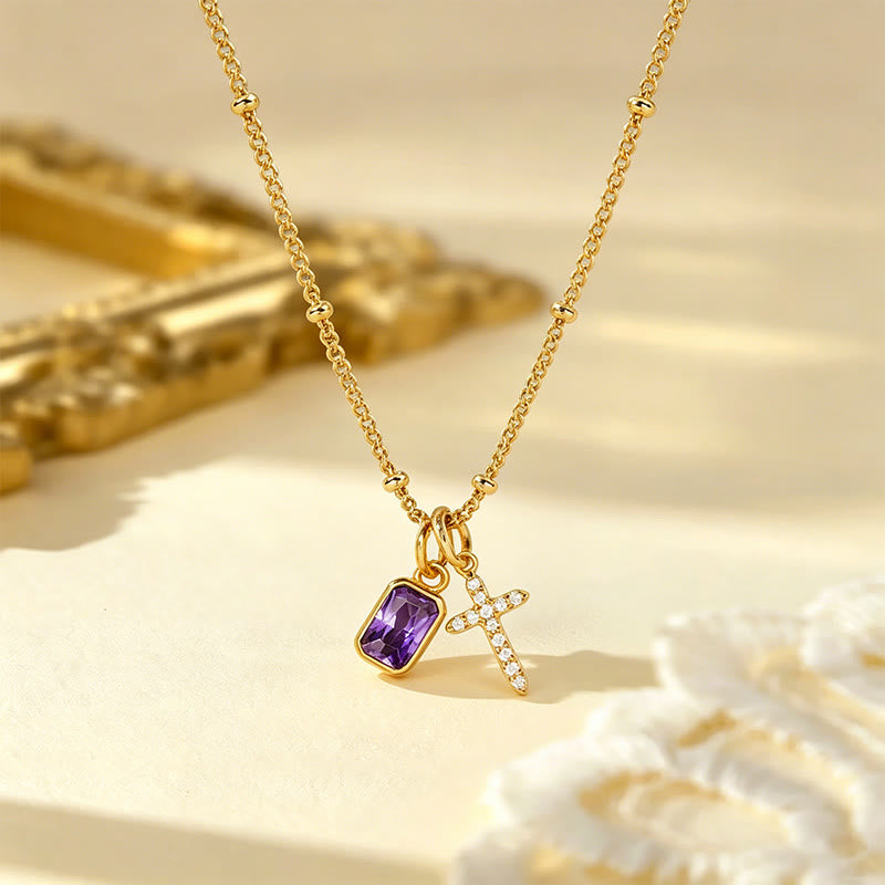 Christianartworkshop Sacred Cross & Rectangular Gem Charm Faith Necklace: Symbol Of Divine Grace & Devotion - February - image 3