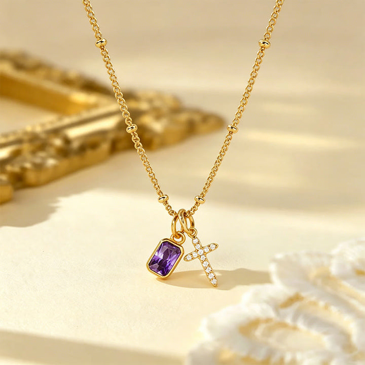 Christianartworkshop Sacred Cross & Rectangular Gem Charm Faith Necklace: Symbol Of Divine Grace & Devotion - February - image 3