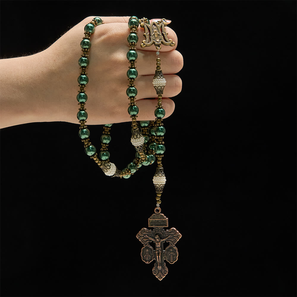 Christianartworkshop Vintage Metal Green-Tone Pearl Bead Rosary: Emblem of Divine Hope & Marian Grace - image 1