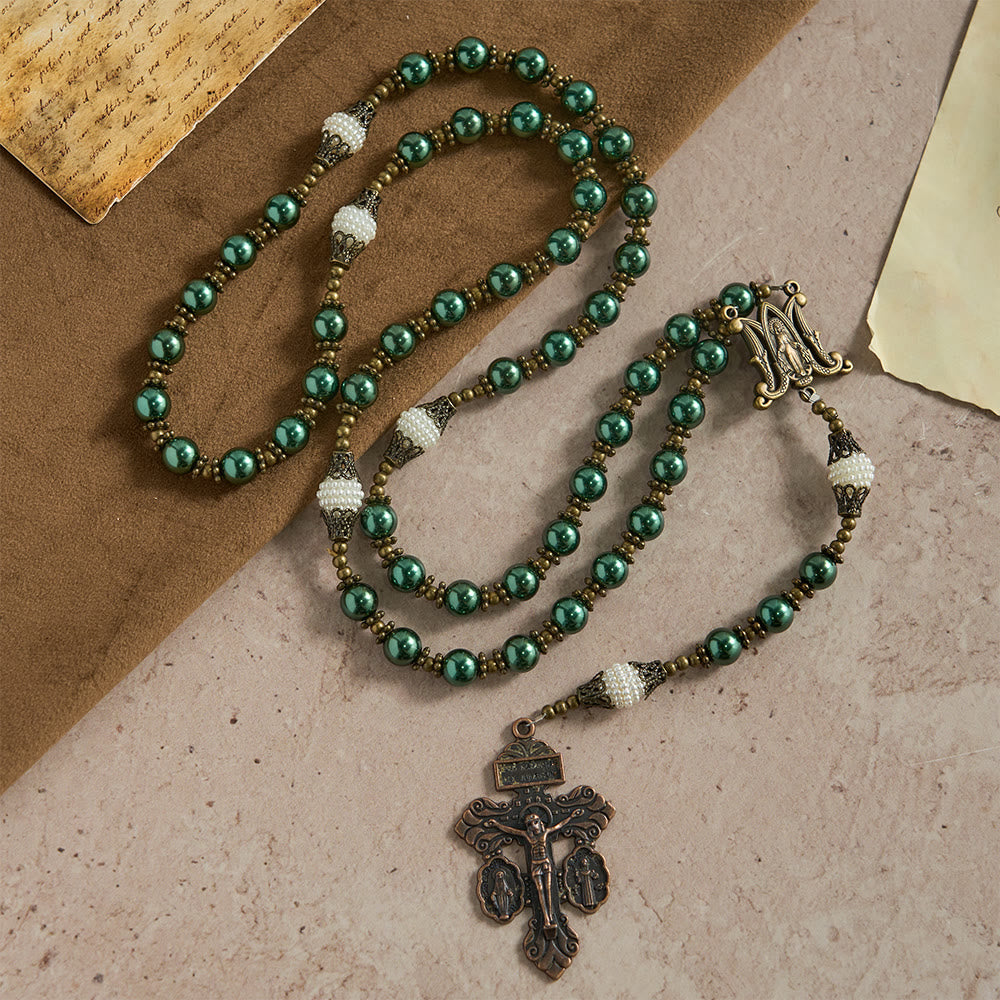 Christianartworkshop Vintage Metal Green-Tone Pearl Bead Rosary: Emblem of Divine Hope & Marian Grace - Our Lady & Crucifix - image 0