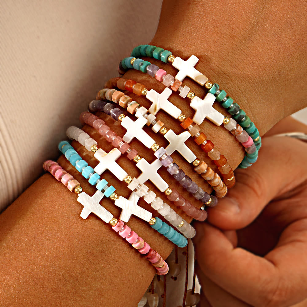 Christianartworkshop Hollow Cross Natural Stone Bead Friendship Bracelet: Icon of Spiritual Devotion  - image 1