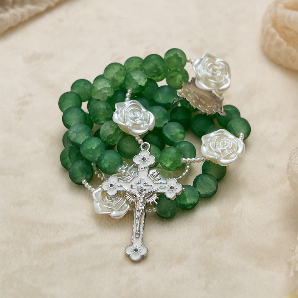 Christianartworkshop Frosted Green Glass Camellia Rosary: Emblem of Divine Purity & Marian Grace - image 5