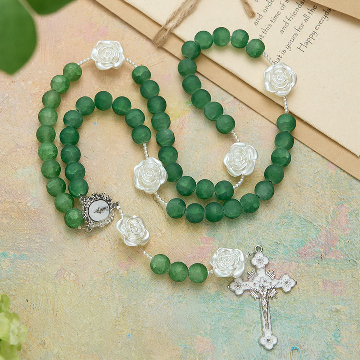 Christianartworkshop Frosted Green Glass Camellia Rosary: Emblem of Divine Purity & Marian Grace - Our Lady & Crucifix - image 0