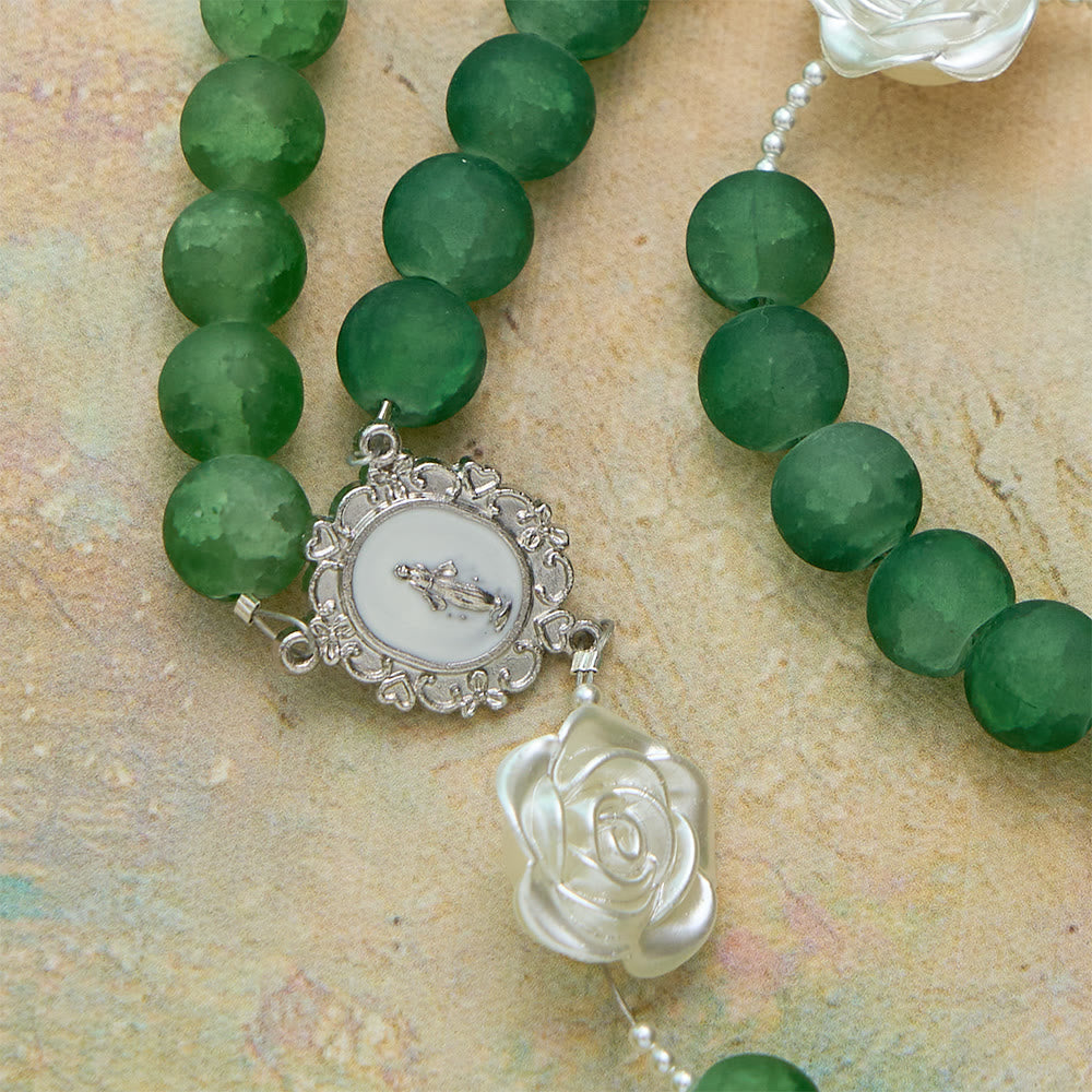 Christianartworkshop Frosted Green Glass Camellia Rosary: Emblem of Divine Purity & Marian Grace - image 7