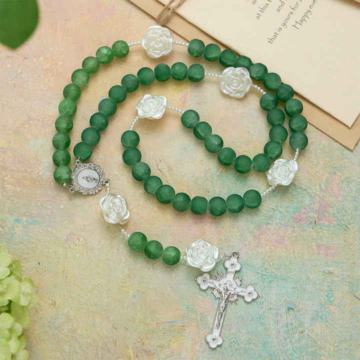 Christianartworkshop Frosted Green Glass Camellia Rosary: Emblem of Divine Purity & Marian Grace - image 2