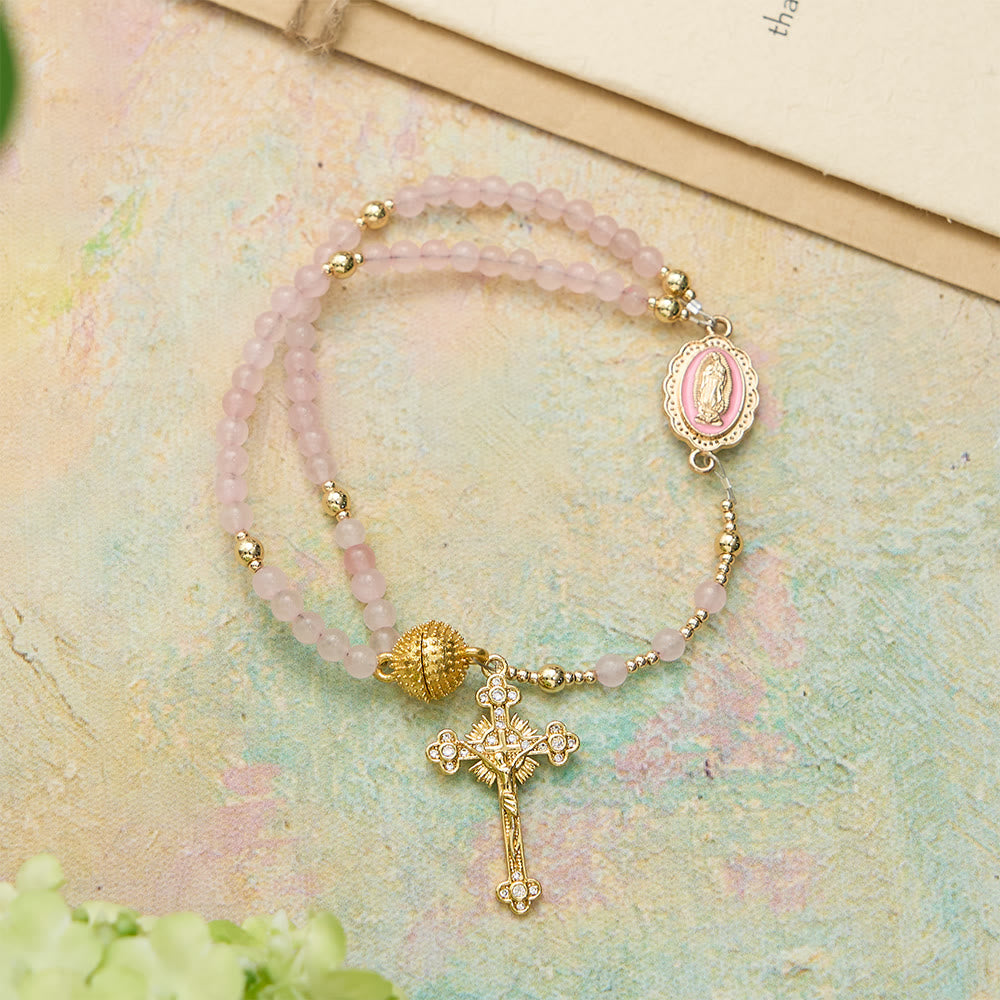 Christianartworkshop Magnetic Strawberry Agate Rosary Bracelet: Emblem of Divine Grace & Purity - Wrist Circumference: 5.51"-6.69"/14-17cm - image 0