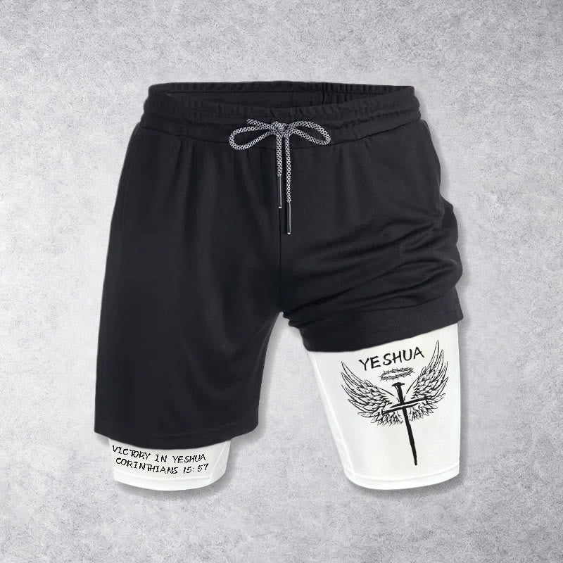 Christianartworkshop 1 Corinthians 15:57 Victory In Yeshua Winged Cross Performance Shorts - White - 3XL - image 0
