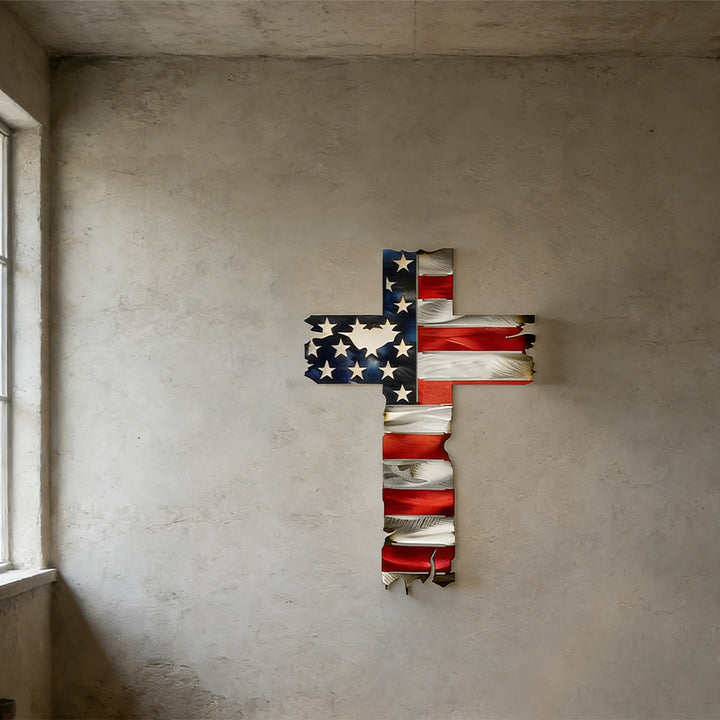 Christianartworkshop Rustic American Flag Patriotic Cross Metal Wall Decor: A Symbol Of Fearless Faith - image 0