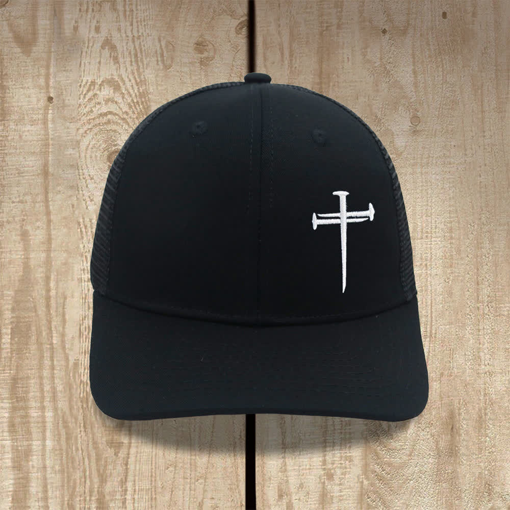 Christianartworkshop Minimalist Nail Cross Embroidered Trucker Hat - All Black - image 2