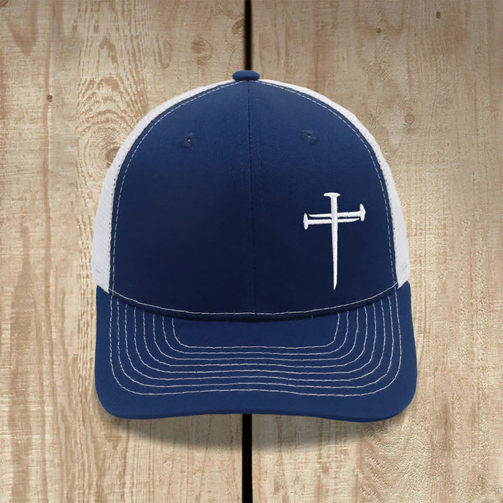 Christianartworkshop Minimalist Nail Cross Embroidered Trucker Hat - Nvay + White - image 8