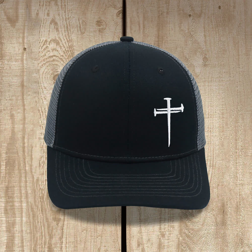 Christianartworkshop Minimalist Nail Cross Embroidered Trucker Hat - Black + Grey - image 4