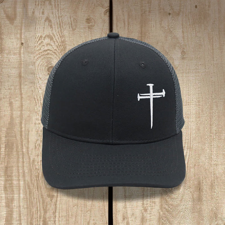 Christianartworkshop Minimalist Nail Cross Embroidered Trucker Hat - Deep Grey + Grey - image 7