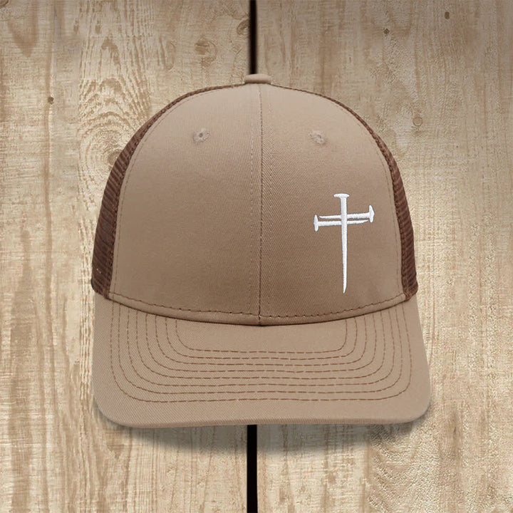 Christianartworkshop Minimalist Nail Cross Embroidered Trucker Hat - Khaki + Brown - image 11
