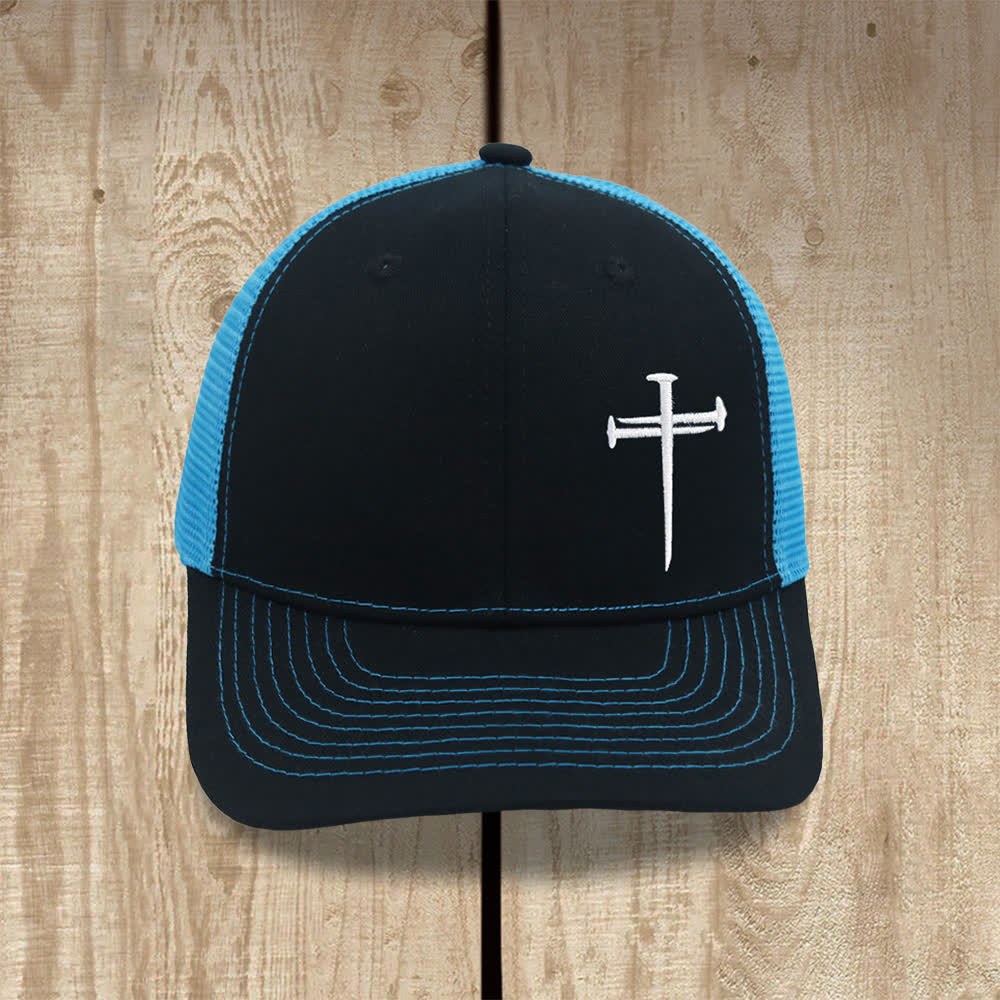 Christianartworkshop Minimalist Nail Cross Embroidered Trucker Hat - Black + Blue - image 3