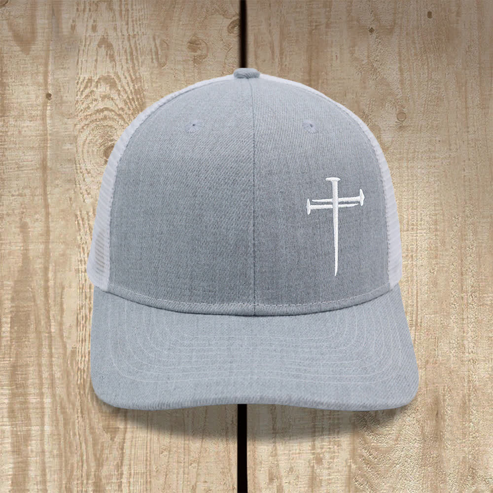Christianartworkshop Minimalist Nail Cross Embroidered Trucker Hat - Light Grey + White - image 9