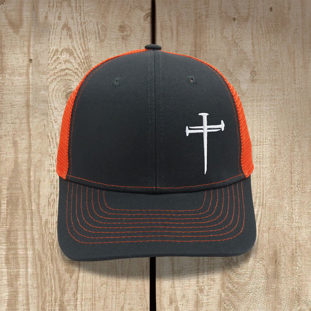 Christianartworkshop Minimalist Nail Cross Embroidered Trucker Hat - Deep Grey + Orange - image 6
