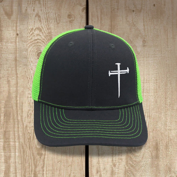 Christianartworkshop Minimalist Nail Cross Embroidered Trucker Hat - Deep Grey + Green - image 5