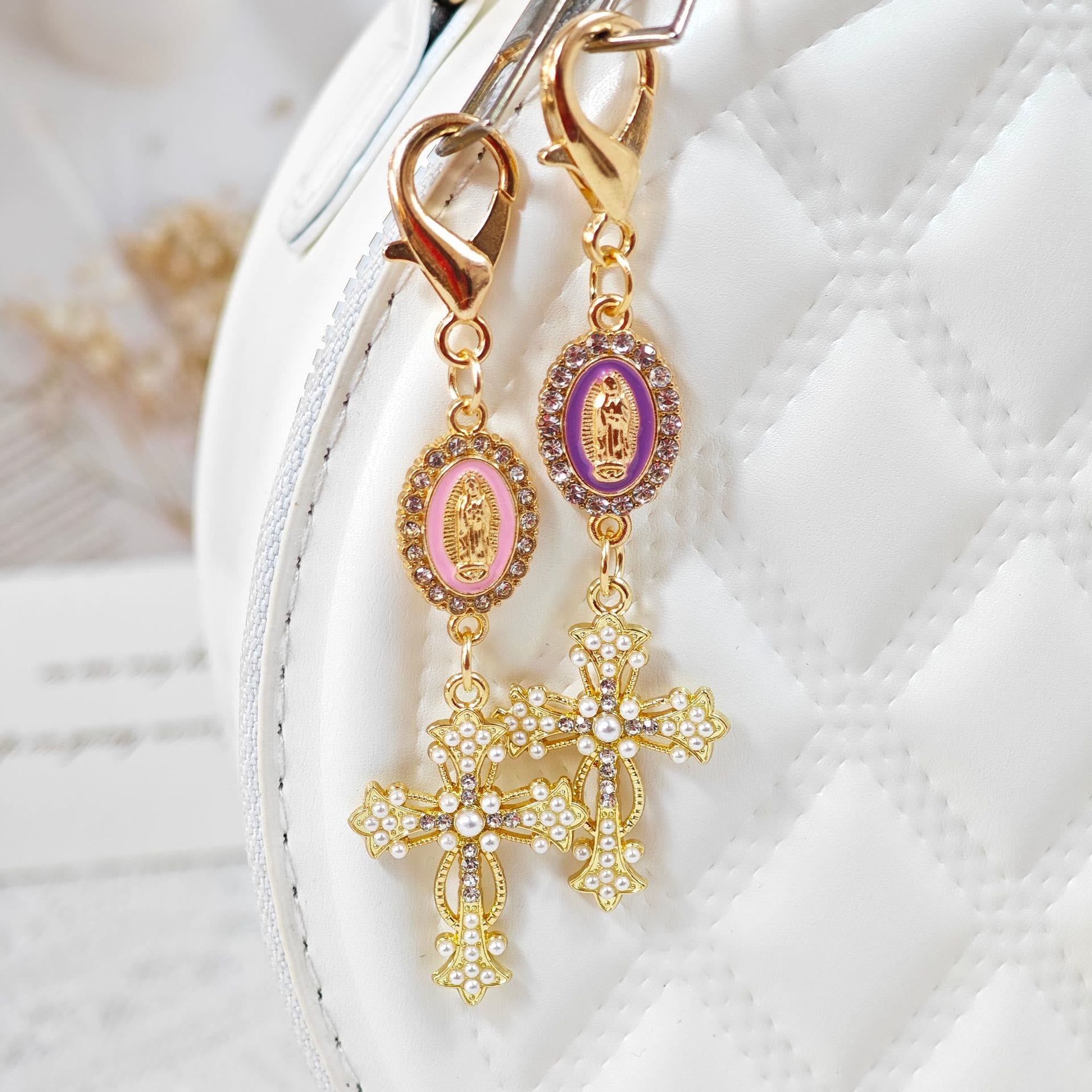 Our Lady Miraculous Medal & Pearl Cross Keychain – Gold Enamel