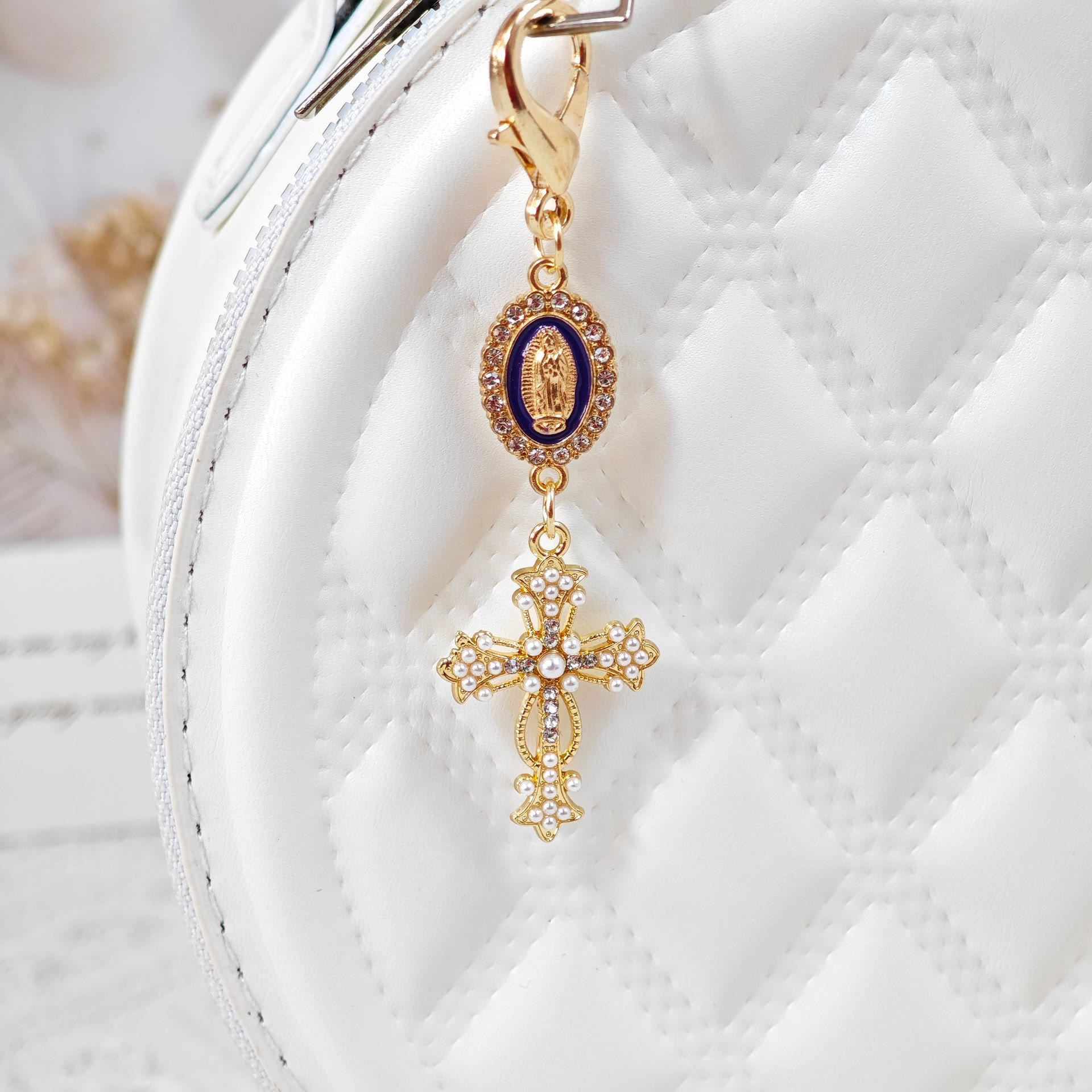 Our Lady Miraculous Medal & Pearl Cross Keychain – Gold Enamel