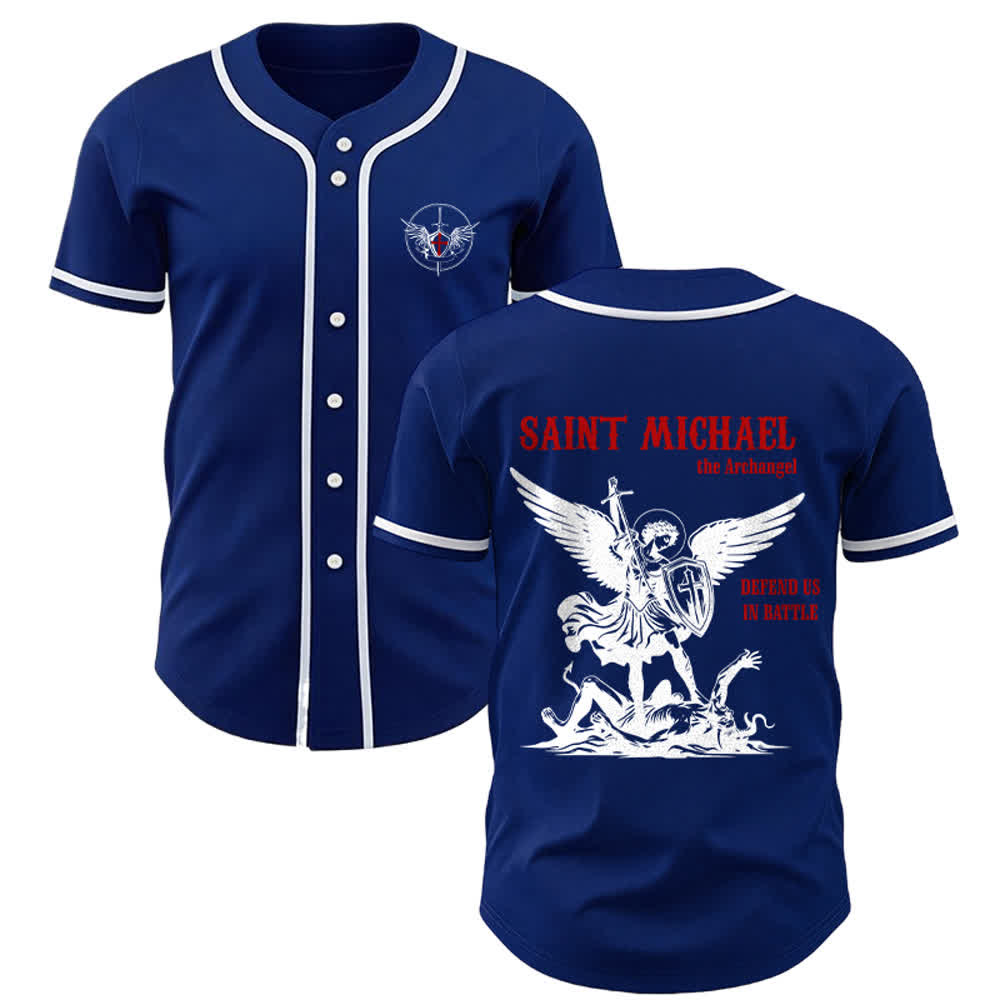 Christianartworkshop St.Michael Archangel Defend Us Unisex Baseball Jersey - Navy Blue - 3XL - image 19