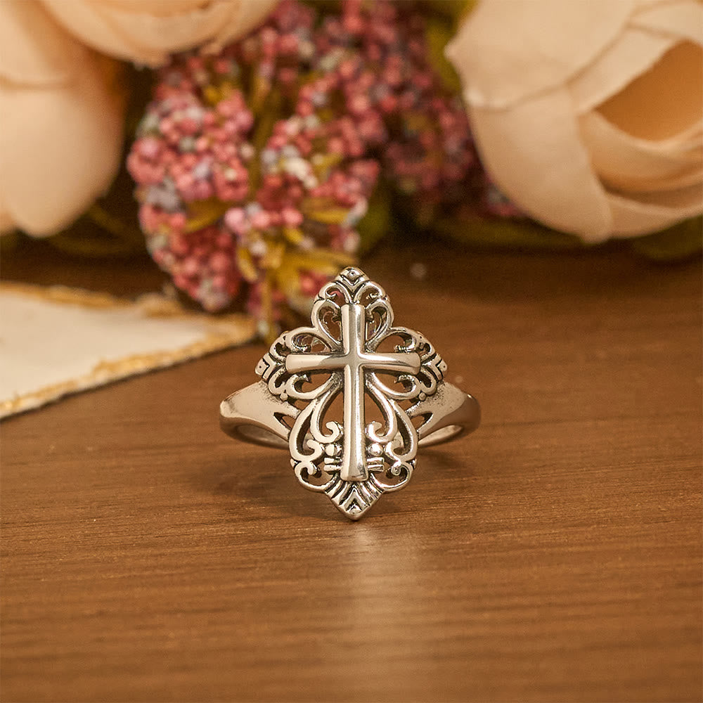 Heritage Filigree Cross Open Ring — Silver-Toned Copper Adjustable ...