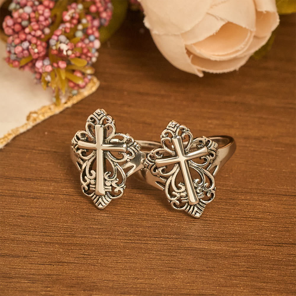Heritage Filigree Cross Open Ring — Silver-Toned Copper Adjustable ...
