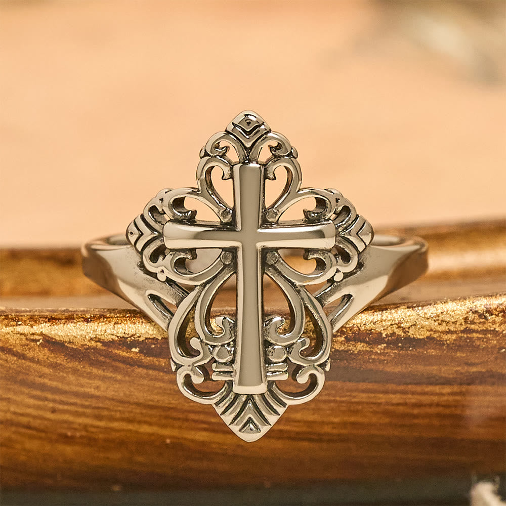 Heritage Filigree Cross Open Ring — Silver-Toned Copper Adjustable ...