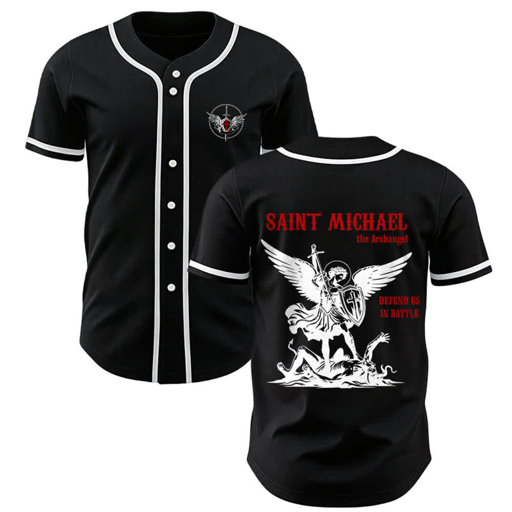 Christianartworkshop St.Michael Archangel Defend Us Unisex Baseball Jersey - Black - 3XL - image 7