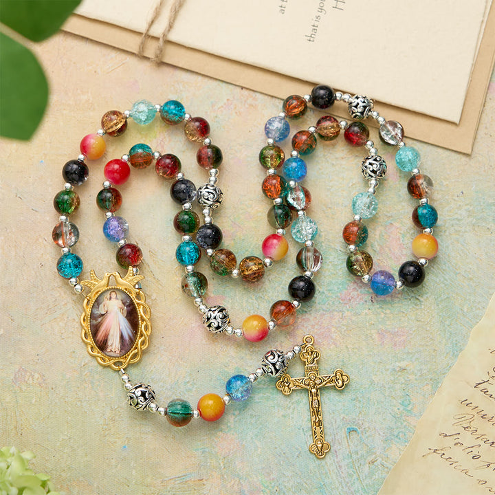 FREE Today: Gradient Multicolor Glass Bead & Brass Crucifix Rosary with Divine Mercy Medal - image 1