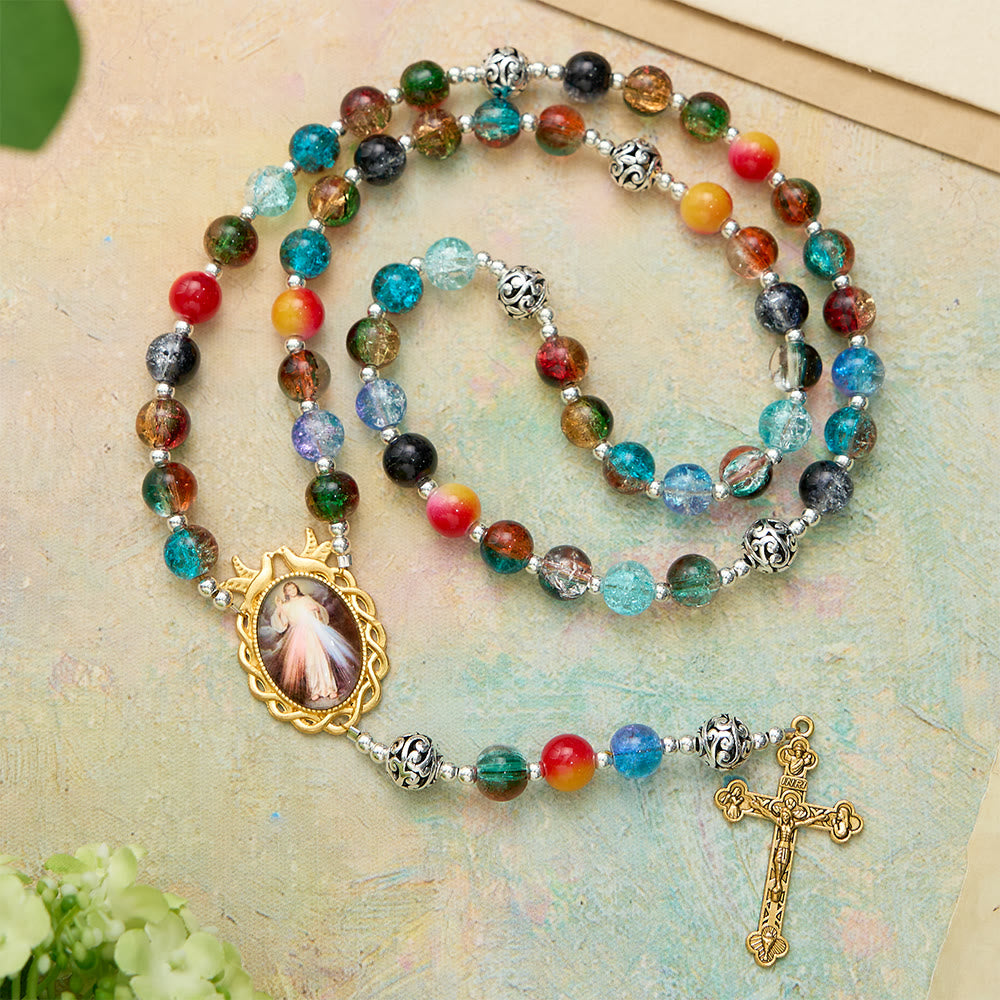 FREE Today: Gradient Multicolor Glass Bead & Brass Crucifix Rosary with Divine Mercy Medal - Divine Mercy & Crucifix - image 0