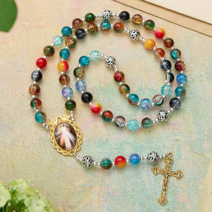 FREE Today: Gradient Multicolor Glass Bead & Brass Crucifix Rosary with Divine Mercy Medal - Divine Mercy & Crucifix - image 0