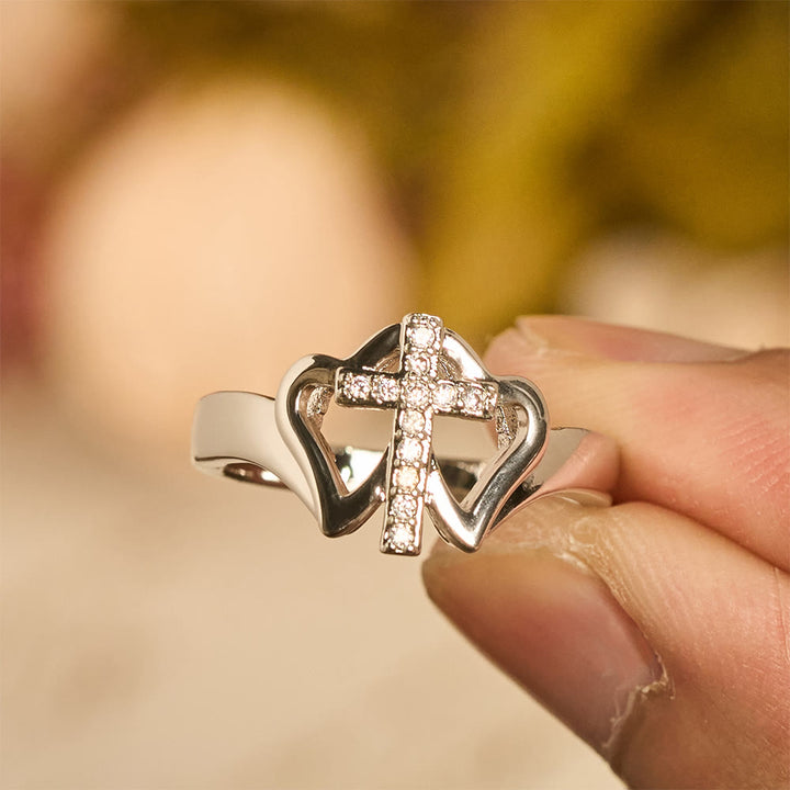 Christianartworkshop Intricate Twin Hearts Cross Ring: Emblem Of Spiritual Strength & Unwavering Faith - image 2