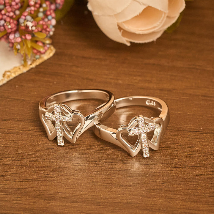 Christianartworkshop Intricate Twin Hearts Cross Ring: Emblem Of Spiritual Strength & Unwavering Faith - image 1