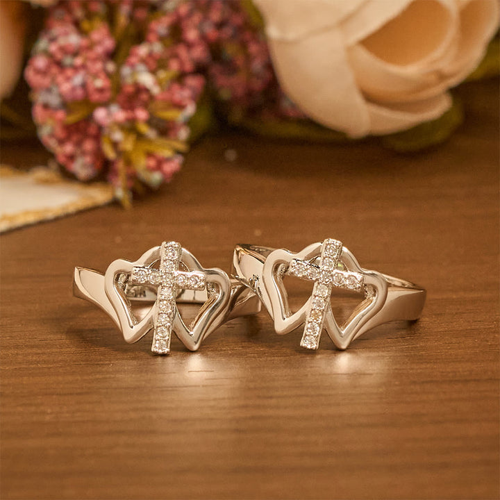 Christianartworkshop Intricate Twin Hearts Cross Ring: Emblem Of Spiritual Strength & Unwavering Faith - US 10 - image 0