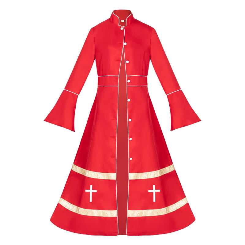Christianartworkshop Multicolor Flared Sleeves Cassock with Cross Motifs & Ritual Aesthetic, Red / L