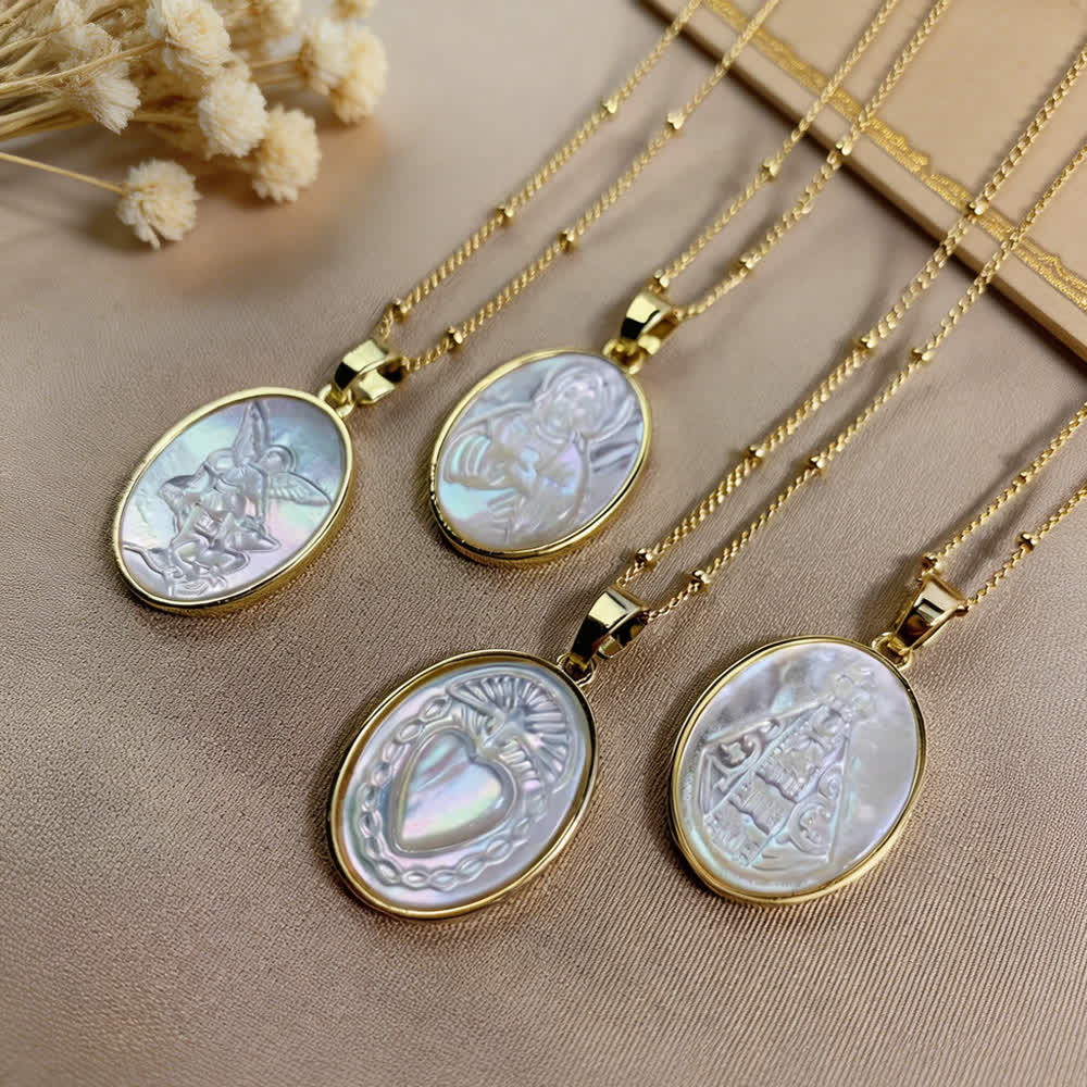 Christianartworkshop Natural White Pearl Saint Necklace: Sacred Heart, Jesus, Our Lady & St. Michael - image 0