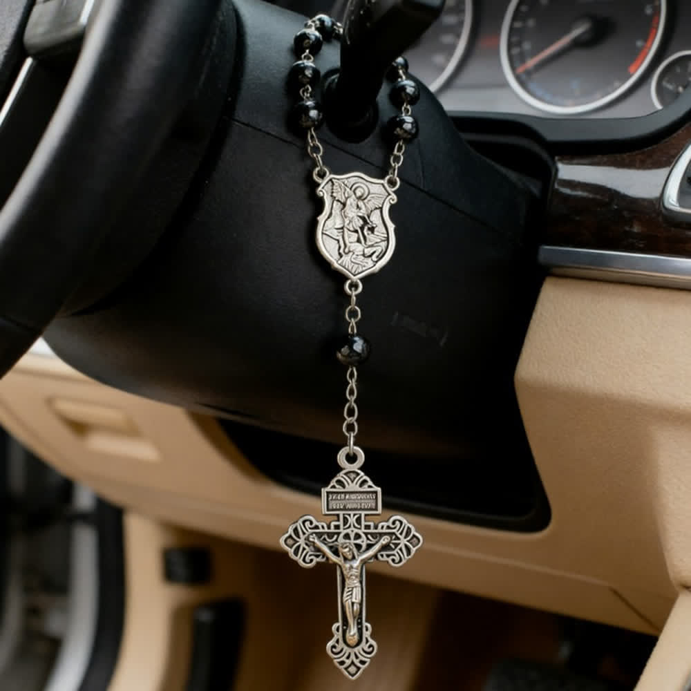 Christianartworkshop Hematite Bead Car Pendant with St. Michael Medal & Crucifix: A Gift of Heavenly Protection & Strength - image 10
