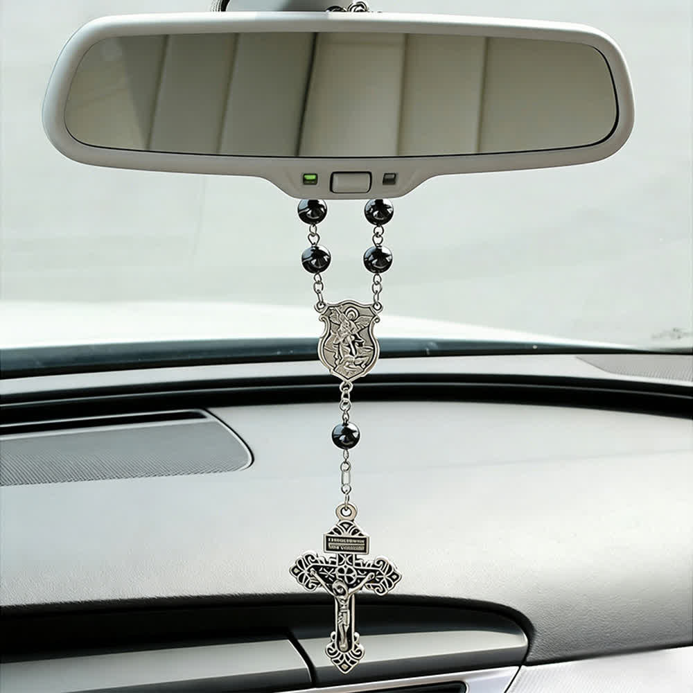Christianartworkshop Hematite Bead Car Pendant with St. Michael Medal & Crucifix: A Gift of Heavenly Protection & Strength - image 9