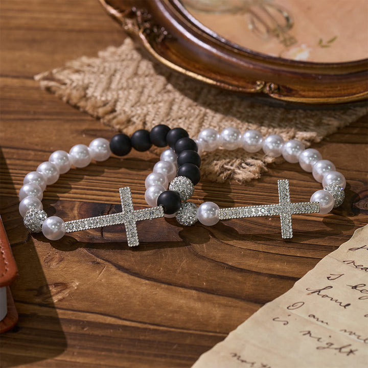 Christianartworkshop Two-Piece White Bead & Black Mate Bead Cross Bracelet Set: Emblem of Divine Purity & Redemption - Set of 2 - image 0