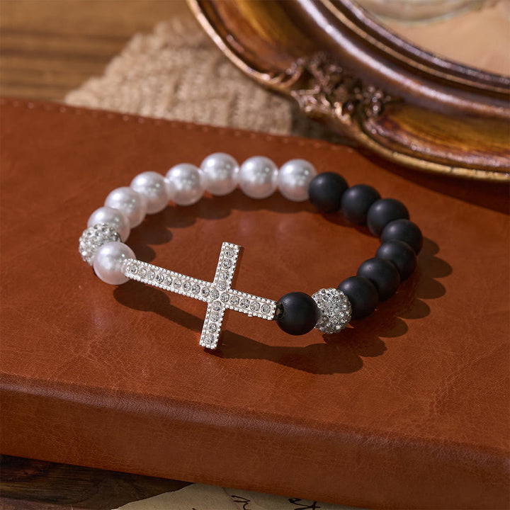 Christianartworkshop Two-Piece White Bead & Black Mate Bead Cross Bracelet Set: Emblem of Divine Purity & Redemption - image 2
