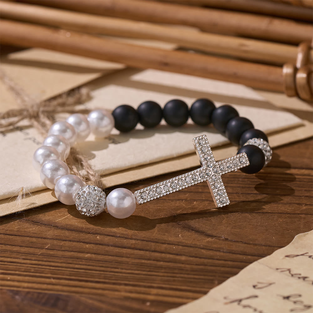 FREE Today: Two-Piece White Bead & Black Mate Bead Cross Bracelet Set: Emblem of Divine Purity & Redemption - image 1