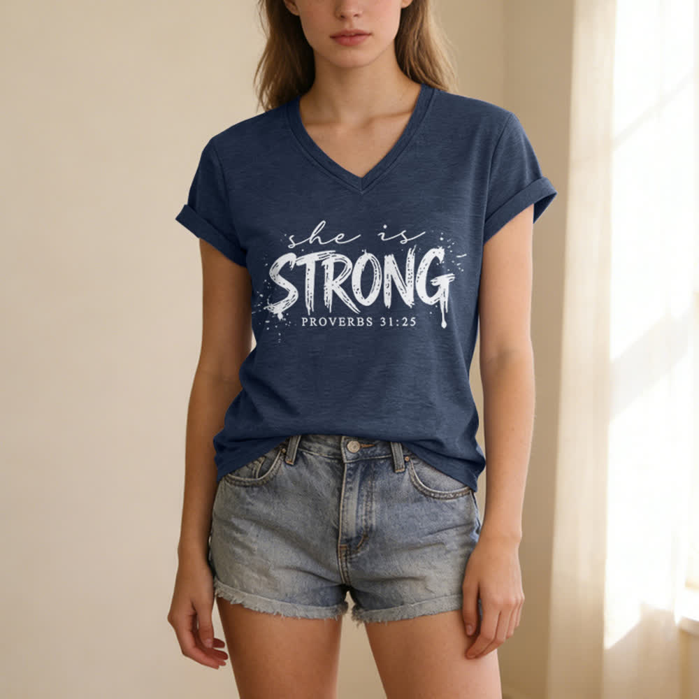 Christianartworkshop She Is Strong Proverbs 31:25 Casual V-neck T-shirt - image 19