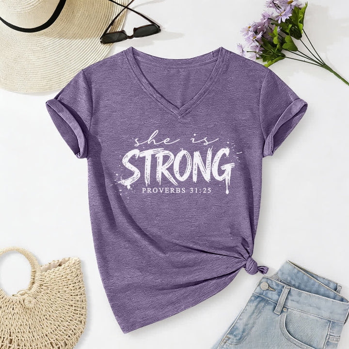 Christianartworkshop She Is Strong Proverbs 31:25 Casual V-neck T-shirt - Purple - 2XL - image 17