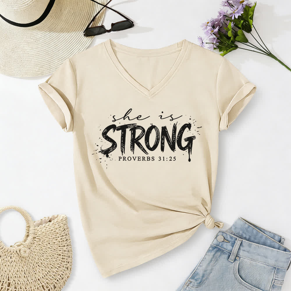 Christianartworkshop She Is Strong Proverbs 31:25 Casual V-neck T-shirt - Beige - 2XL - image 4