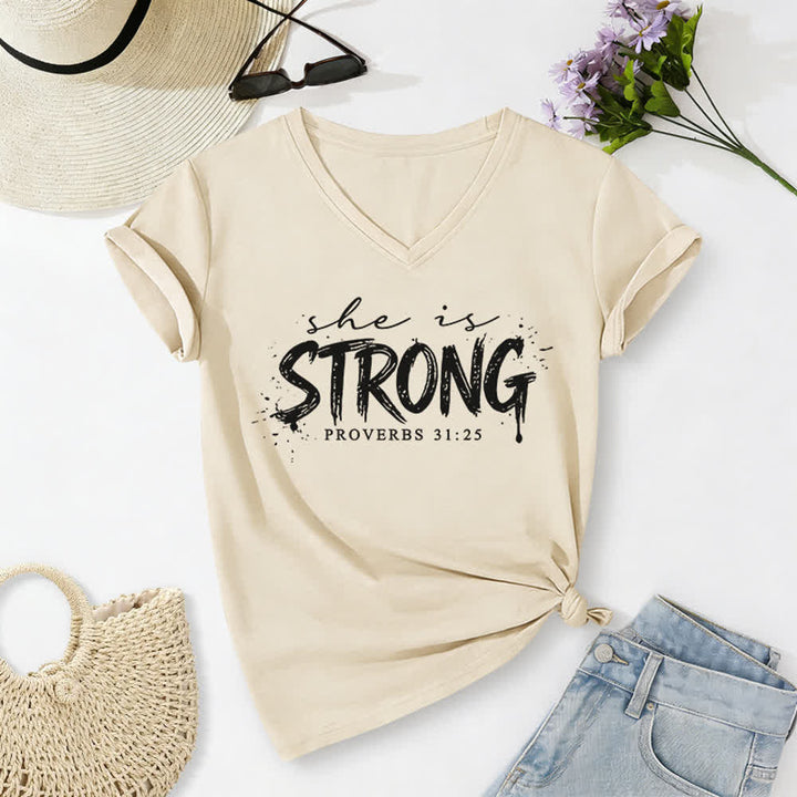 Christianartworkshop She Is Strong Proverbs 31:25 Casual V-neck T-shirt - Beige - 2XL - image 4