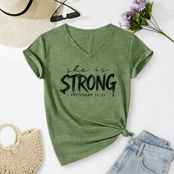 Christianartworkshop She Is Strong Proverbs 31:25 Casual V-neck T-shirt - Olive Green - 2XL - image 0