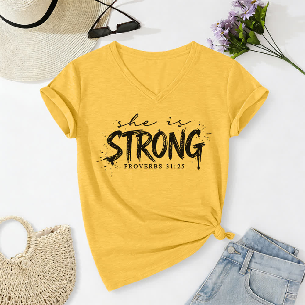 Christianartworkshop She Is Strong Proverbs 31:25 Casual V-neck T-shirt - Yellow - 2XL - image 6