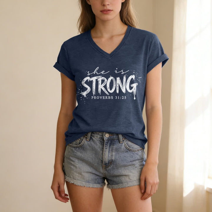Christianartworkshop She Is Strong Proverbs 31:25 Casual V-neck T-shirt - image 19