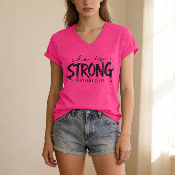 Christianartworkshop She Is Strong Proverbs 31:25 Casual V-neck T-shirt - image 25
