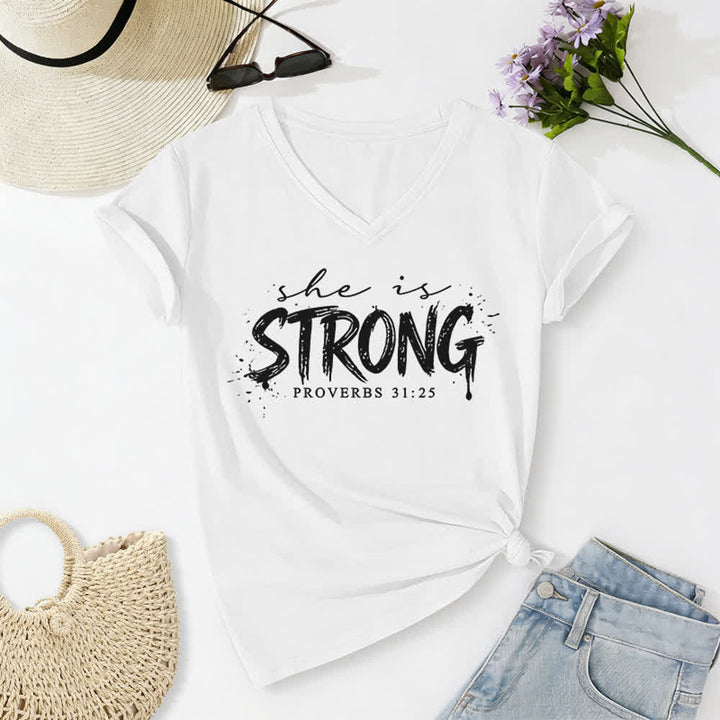 Christianartworkshop She Is Strong Proverbs 31:25 Casual V-neck T-shirt - White - 2XL - image 2